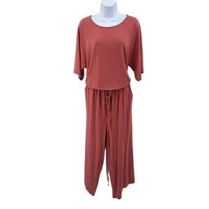 Coral Pink Short Sleeve Wide Leg Drawstring Jumpsuit Womens Tie Back Round Neck